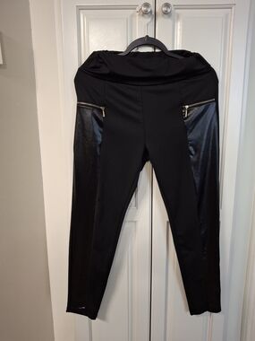 Women’s Black Ponte Pants with Faux Leather Panels